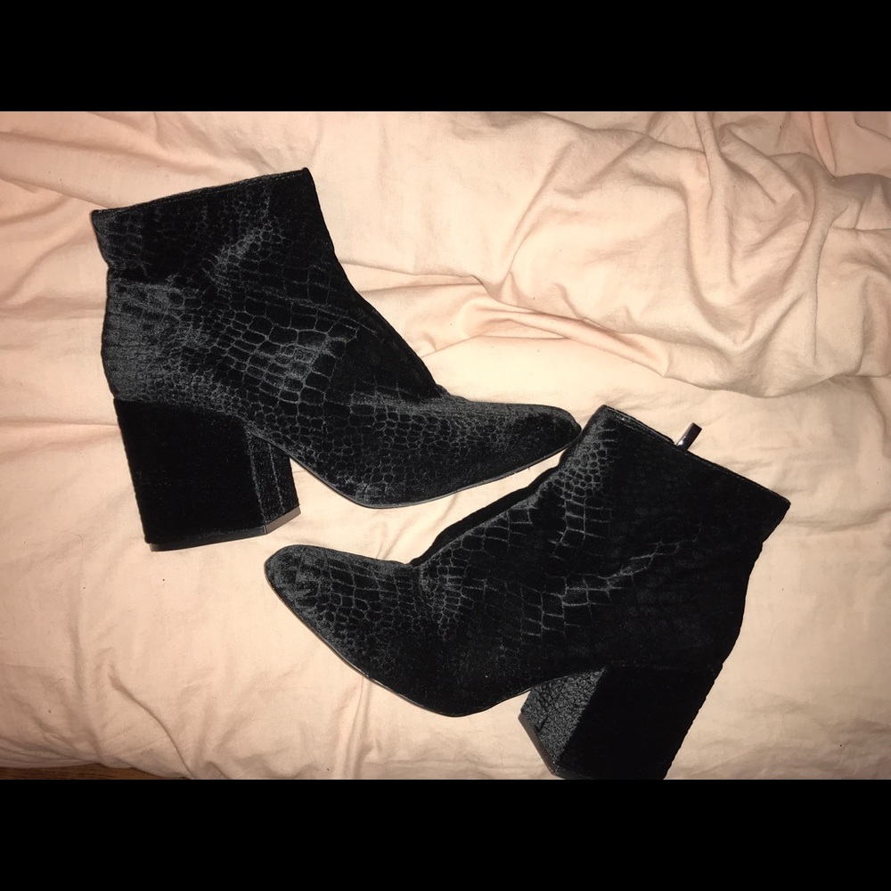 Velvet snakeskin booties